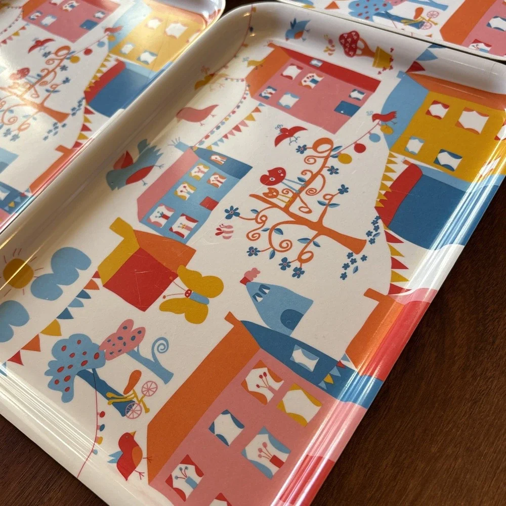 IKEA Set of 4 Colorful Melamine Serving Trays Birds Houses Scandinavian Design